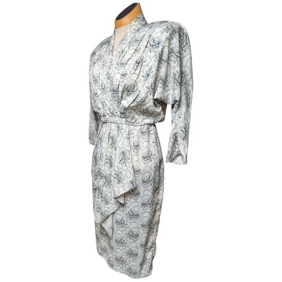 Vtg 1980s Positive Influence White Black Pointillist Floral Drape Midi Dress 7 8 - Picture 1 of 7